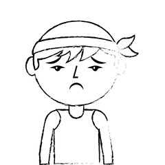 portrait cartoon sad man chinese with head band vector illustration   sketch style design