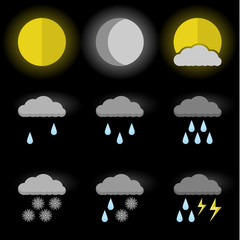 Vector image of set of weather icons, sun, moon and sun behind the clouds. Flat. Black background