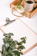 Blank page  wooden tablet  tray plants