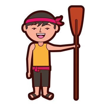 funny cartoon chinese man standing holding wooden oar vector illustration 