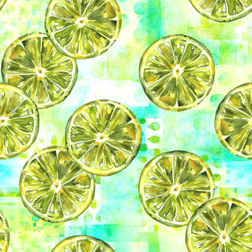 A seamless pattern with watercolour limes on a teal patchwork texture