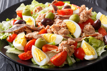 French nicoise salad with fresh vegetables, eggs, tuna and anchovies close up. horizontal