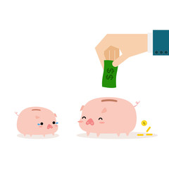 a little piggy bank is crying because a big piggy bank is getting a banknote. money concept and copy space design. funny concept. vector illustration.