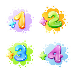 Vector cartoon kids age limit sign set. Children restriction stamps, adhesive stickers for movie, game, app content. Isolated illustration with one, two three four add, plus colored symbols