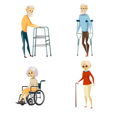 Vector cartoon disabled senior characters with restriction of movement using medical equipment set. Grey-haired old woman sitting in wheelchair, female character with cane, men using crutches, walker