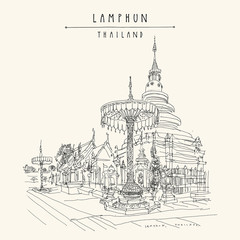 Lamphun, Thailand. Wat Phra That Hariphunchai Woramahawihan, old Buddhist temple. 9th century stupa. Famous tourist attraction. Hand drawn black and white vintage touristic postcard in vector