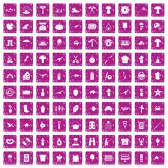 100 hobby icons set grunge pink