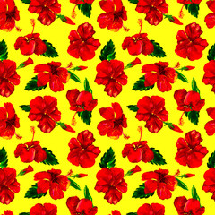 Watercolor Seamless Pattern. Hand Painted Illustration of Tropical Leaves and Flowers. Tropic Summer Motif with Hibiscus Pattern.
