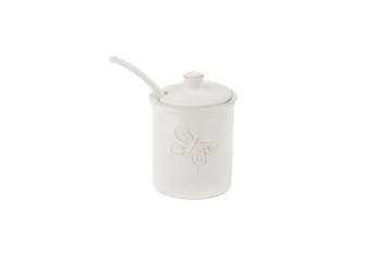 White ceramic sugar bowl with spoon