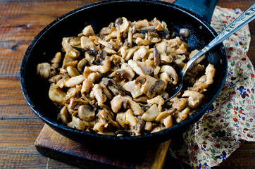 Chicken (turkey) and mushrooms fried with onions in a frying pan