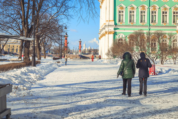 Back view. People on the streets of St. Petersburg in the winter