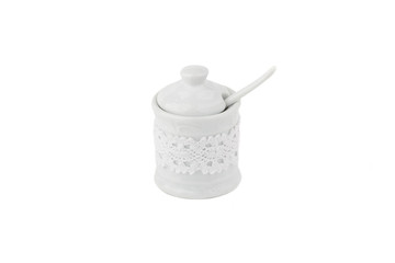White ceramic sugar bowl with spoon