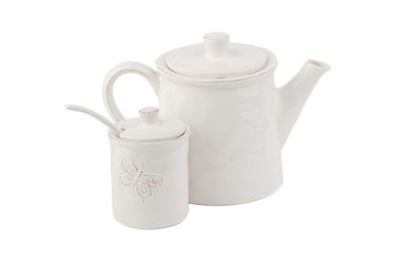 White ceramic teapot for coffee or tea and sugar bowl