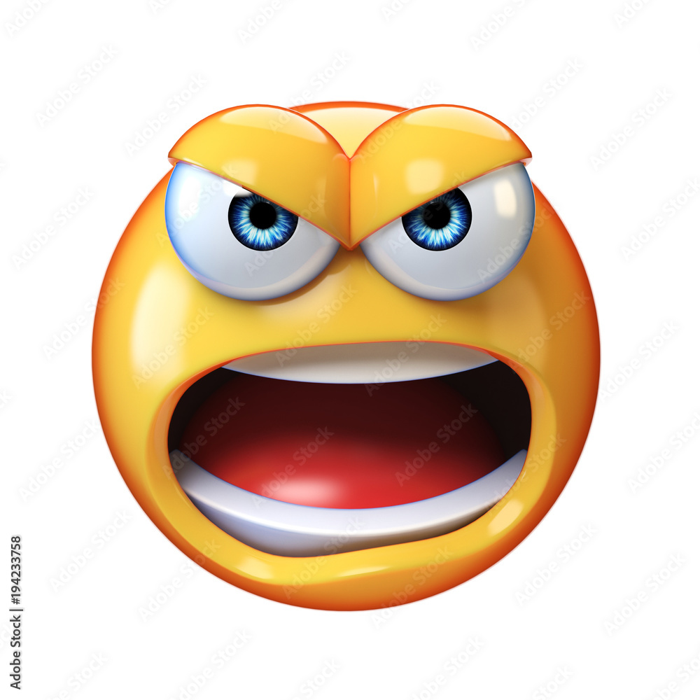 Poster Angry emoji shouting isolated on white background, mad emoticon yelling 3d rendering