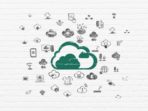 Cloud technology concept: Painted green Cloud icon on White Brick wall background with  Hand Drawn Cloud Technology Icons