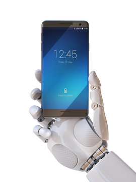 Robot hand holding smart phone 3d rendering