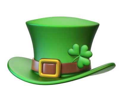 Green St. Patrick's Day hat with four-leaf clover isolated on white background 3d rendering 