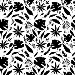 Flat Seamless pattern from hand  draw silhouette of  tropic leaves black on white for creative design package of  cosmetic or  perfume or for design of  botanical theme