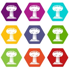 Mushroom cloud icon set color hexahedron