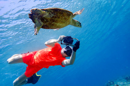 Man snorkeling with sea turtle in the tropical water of Maldives