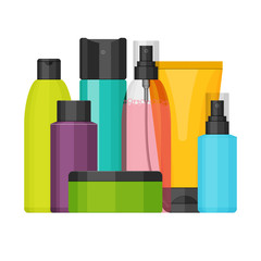 Colorful vector cosmetic bottles set for beauty and cleanser, skin and body care, toiletres. Flat design on a white background. Cream, tooth paste, shampoo, gel, spray and tube