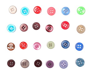 Colorful sewing buttons isolated on white background, top view