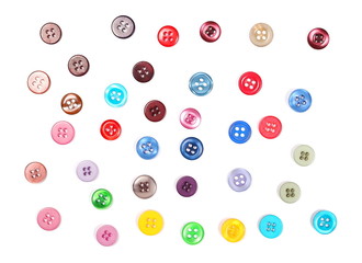 Colorful sewing buttons isolated on white background, top view