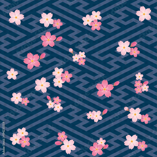 背景素材 春のイメージの背景 紗綾形 紗綾柄と桜の花 伝統模様 伝統文様 Wall Mural Globeds