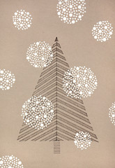 hand made line drawing of a christmas tree, with big, fat snow flakes falling around it, on brown, natural paper - 194236154