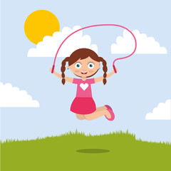 cute smiling girl jumping with skipping rope in the park vector illustration