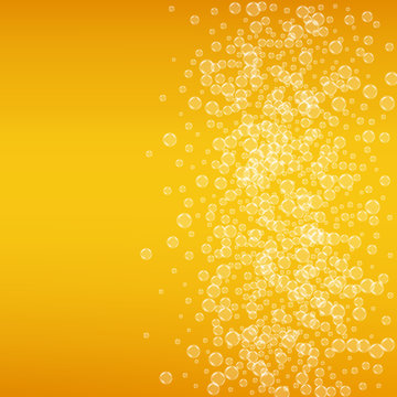 Beer background with realistic bubbles. Cool beverage for restaurant menu design, banners and flyers. Yellow square beer background with white frothy foam. Cold glass of ale for brewery design.