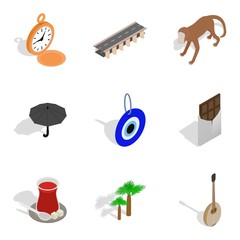 Paradise trip icons set, isometric style