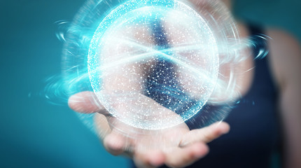 Businesswoman using digital network connection sphere 3D rendering