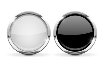 Round glass buttons. Set of black and white 3d icons with chrome frame