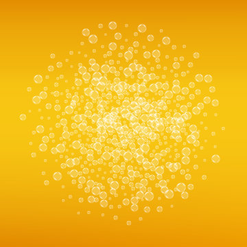 Beer background with realistic bubbles. Cool beverage for restaurant menu design, banners and flyers. Yellow square beer background with white frothy foam. Cold pint of golden lager or ale.