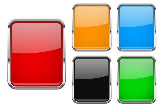 Glass buttons with chrome frame. Colored set of shiny square 3d web icons