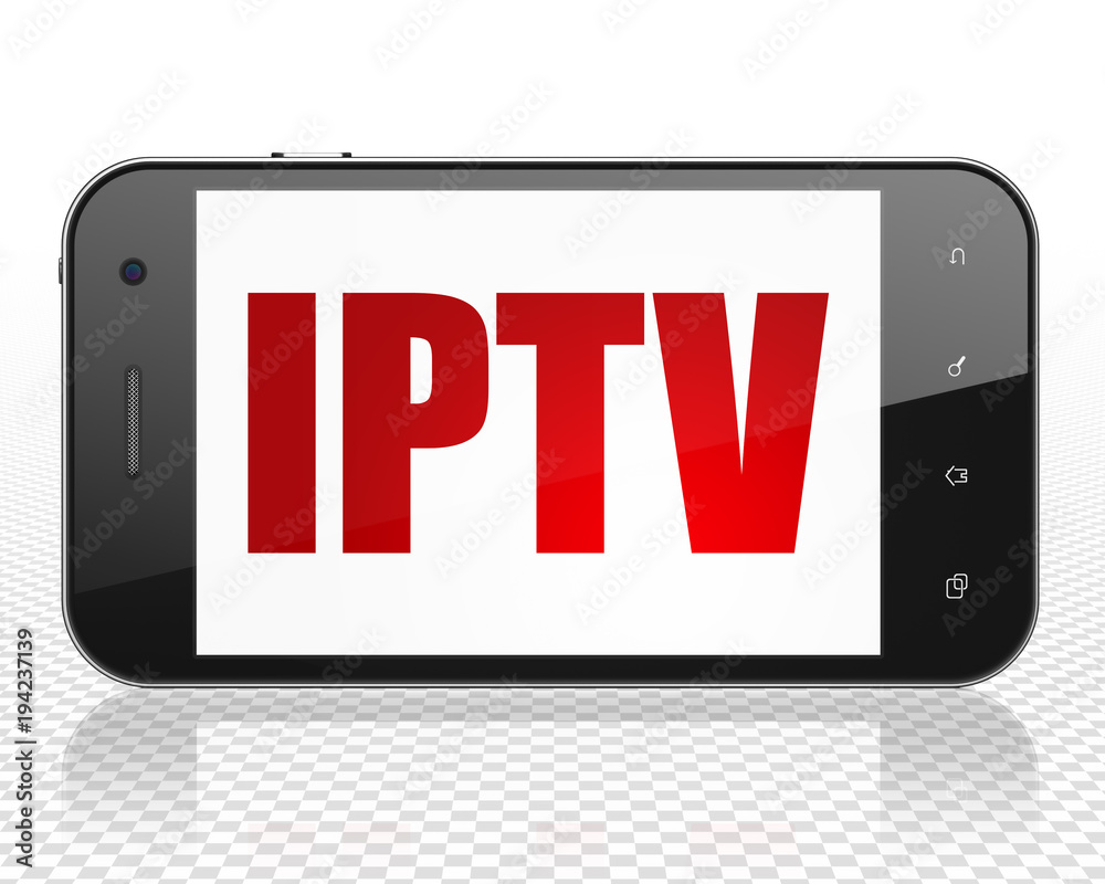 Wall mural web design concept: smartphone with red text iptv on display, 3d rendering