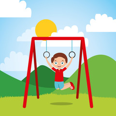 young boy hanging rings bar in the park sunny day vector illustration