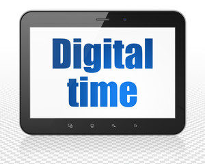 Timeline concept: Tablet Pc Computer with blue text Digital Time on display, 3D rendering