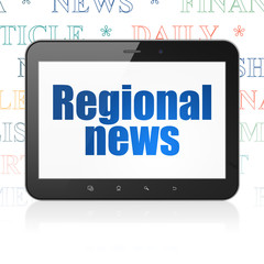 News concept: Tablet Computer with  blue text Regional News on display,  Tag Cloud background, 3D rendering
