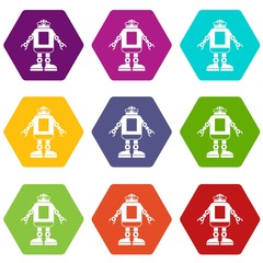 Automation machine robot icon set color hexahedron