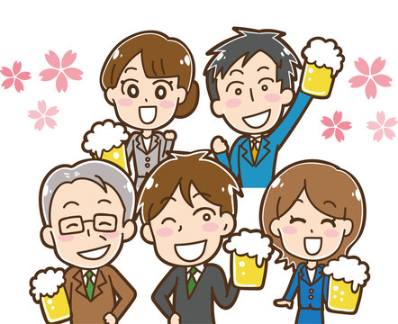 桜と生ビールを持つ会社員のイラスト素材