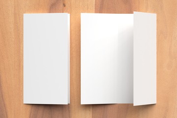 Thrifold - Three fold brochure mock up on wooden background. 3d illustrating.