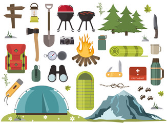 Hiking camping equipment vector campfire base camp gear and accessories illustration.
