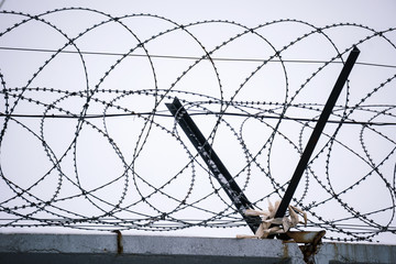 Naklejka premium Barbed wire on concrete fence