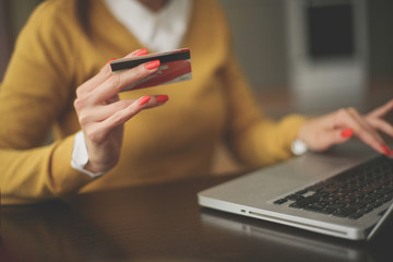 Young woman using laptop and credit card. Close up.