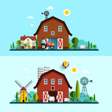 Farm with Barn, Windmill and Cows. Vector Flat Design Rural Scene.