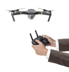 Drone and radio remote control in hands