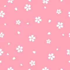 Fototapete Hell-pink Nahtlose Mustervektorillustration der Sakura-Blume. Sakura mit Blütenblättern, die auf rosa Hintergrund fallen, flaches Design