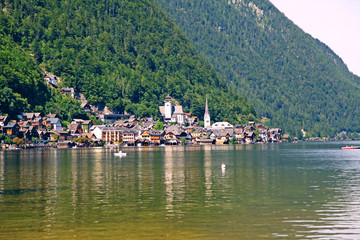 view from afar to Hallstatt Austria, a beautiful city landscape by the lake